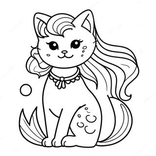 Elegant Mermaid Cat With Flowing Hair Coloring Page דפי צביעה